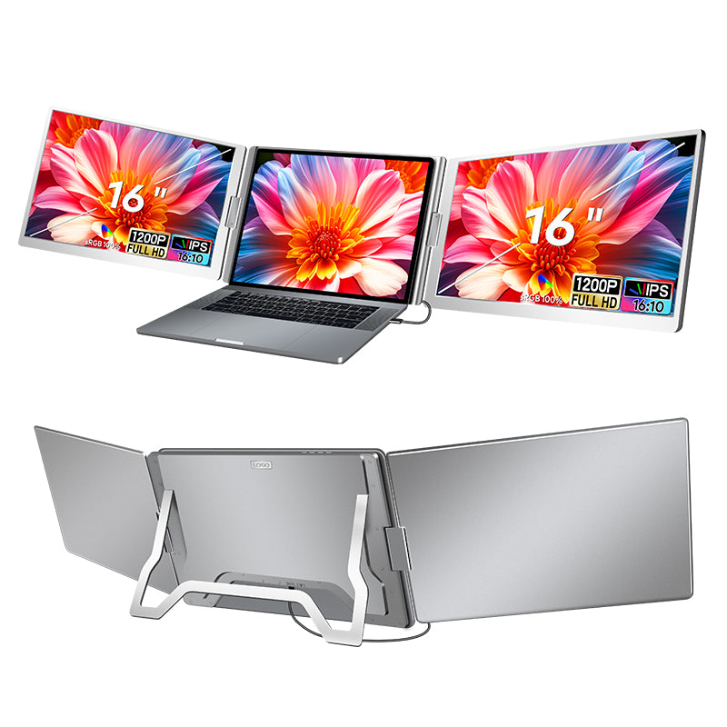 16-inch triple screen monitor attached to a laptop, front and rear view